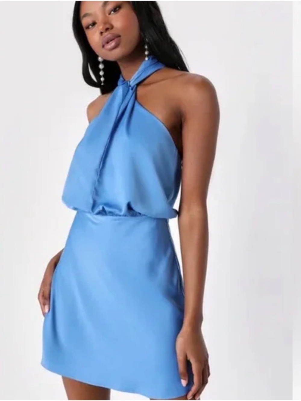 Lulus sleek essence blue satin halter mini dress size small nwt